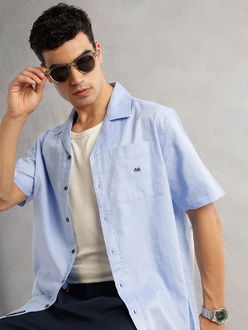 Thomas Scott Men Blue Oversized Fit Short Sleeves Cuban Collar Gingham Checks 100% Cotton Casual Shirt
