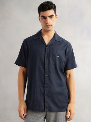 Thomas Scott Men Navy Oversized Fit Short Sleeves Cuban Collar Gingham Checks 100% Cotton Casual Shirt