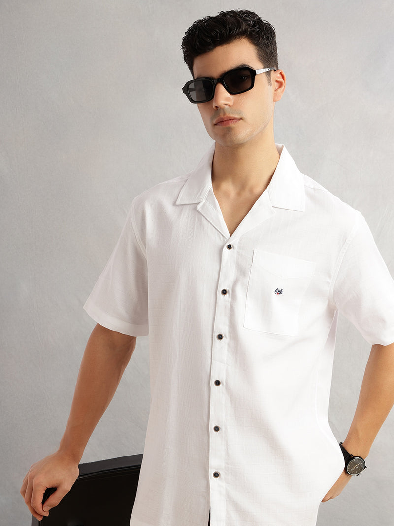Thomas Scott Men White Oversized Fit Short Sleeves Cuban Collar Gingham Checks 100% Cotton Casual Shirt