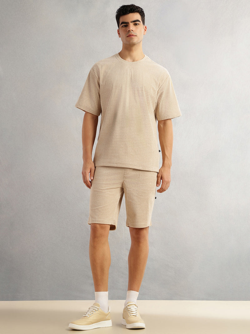 Thomas Scott Men Beige Cordery Checks Polyester Knitted Co-Ord Sets With Short Sleeves & Round Neck