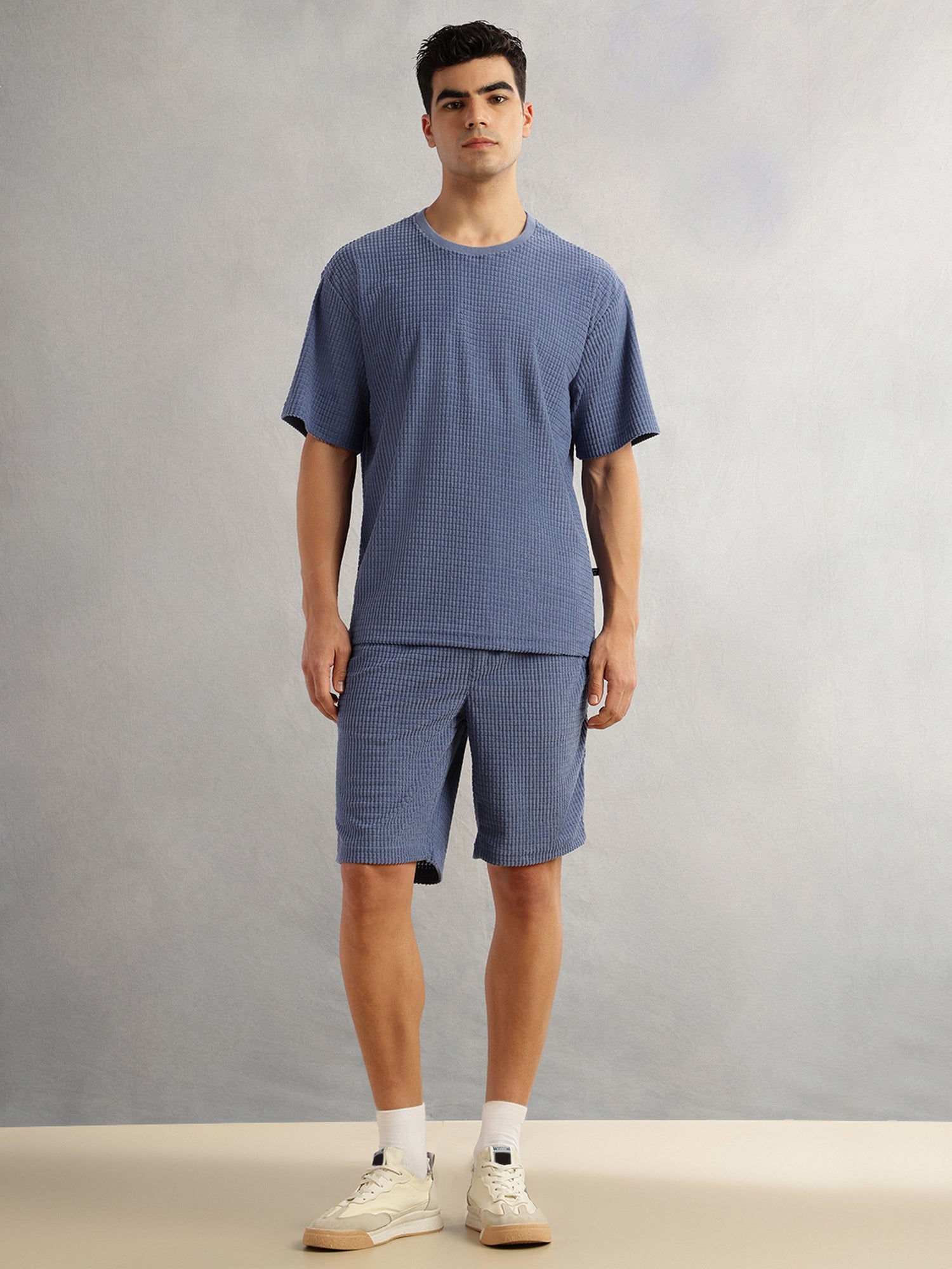Thomas Scott Men Blue Cordery Checks Polyester Knitted Co-Ord Sets With Short Sleeves & Round Neck