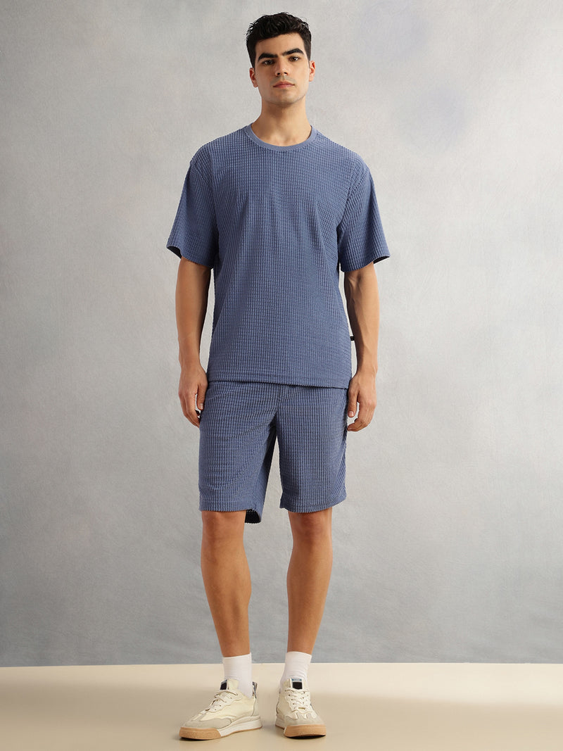 Thomas Scott Men Blue Cordery Checks Polyester Knitted Co-Ord Sets With Short Sleeves & Round Neck