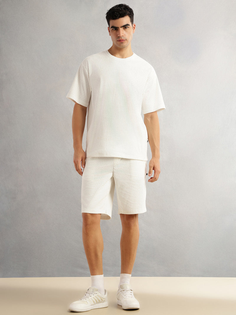 Thomas Scott Men White Cordery Checks Polyester Knitted Co-Ord Sets With Short Sleeves & Round Neck