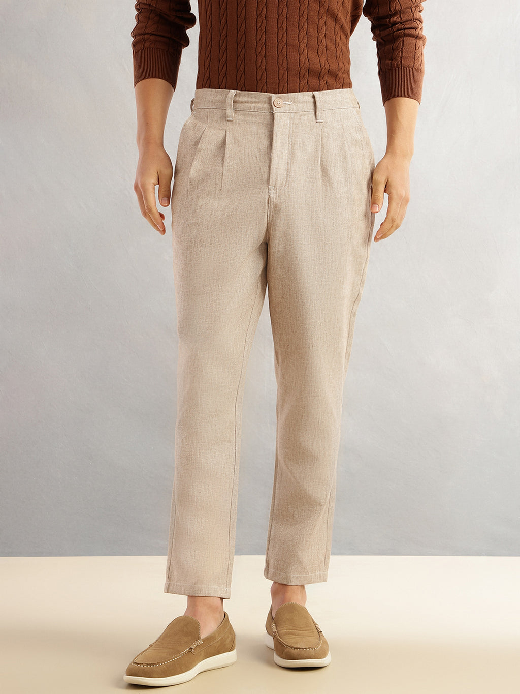 Thomas Scott Men Beige Regular Fit Mid-Rise Solid Linen Pleated Woven Chinos Trouser