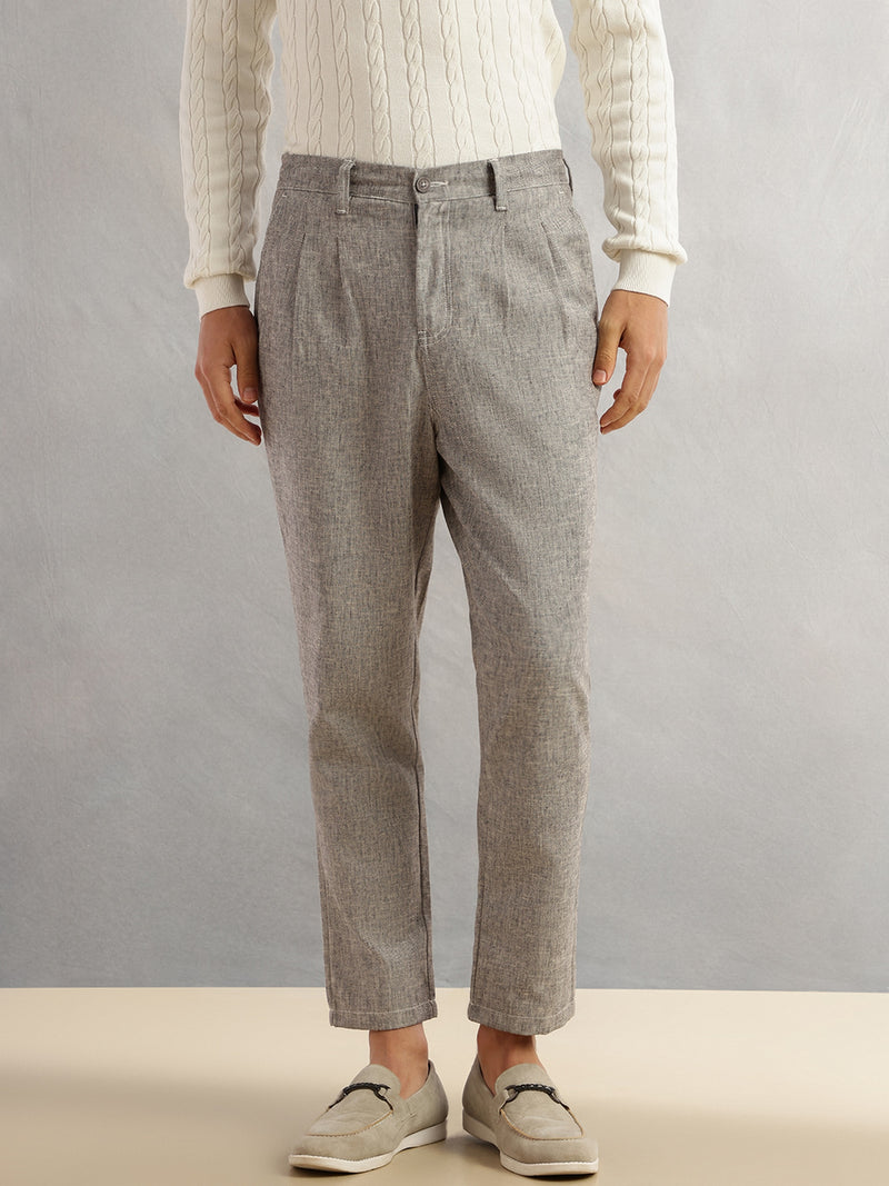 Thomas Scott Men Grey Regular Fit Mid-Rise Solid Linen Pleated Woven Chinos Trouser