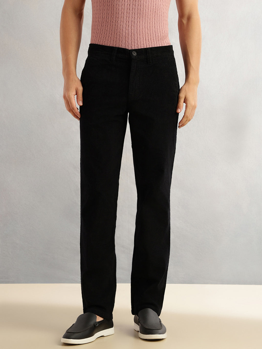 Thomas Scott Men Black Regular Fit Mid-Rise Self Texture Cross Corduroy Trouser