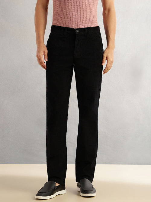 Thomas Scott Men Black Regular Fit Mid-Rise Self Texture Cross Corduroy Trouser