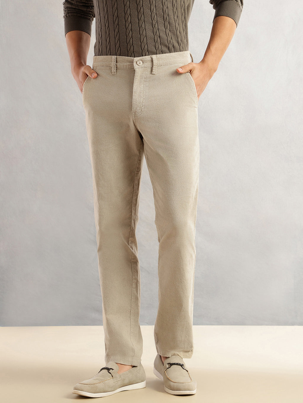 Thomas Scott Men Fawn Regular Fit Mid-Rise Self Texture Cross Corduroy Trouser
