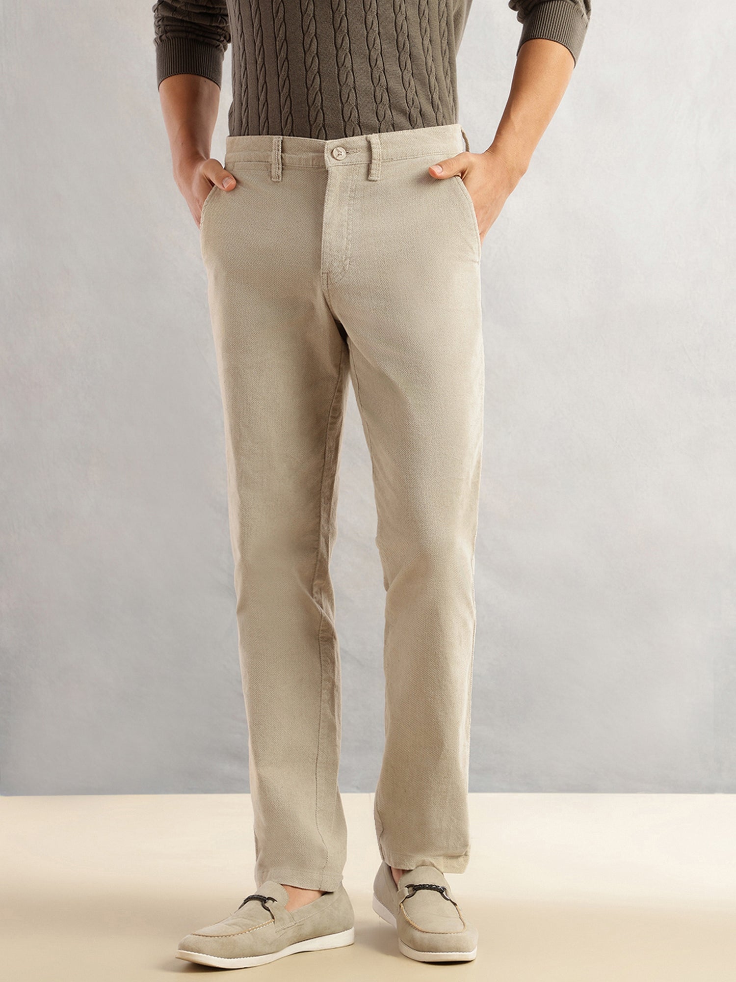 Thomas Scott Men Fawn Regular Fit Mid-Rise Self Texture Cross Corduroy Trouser