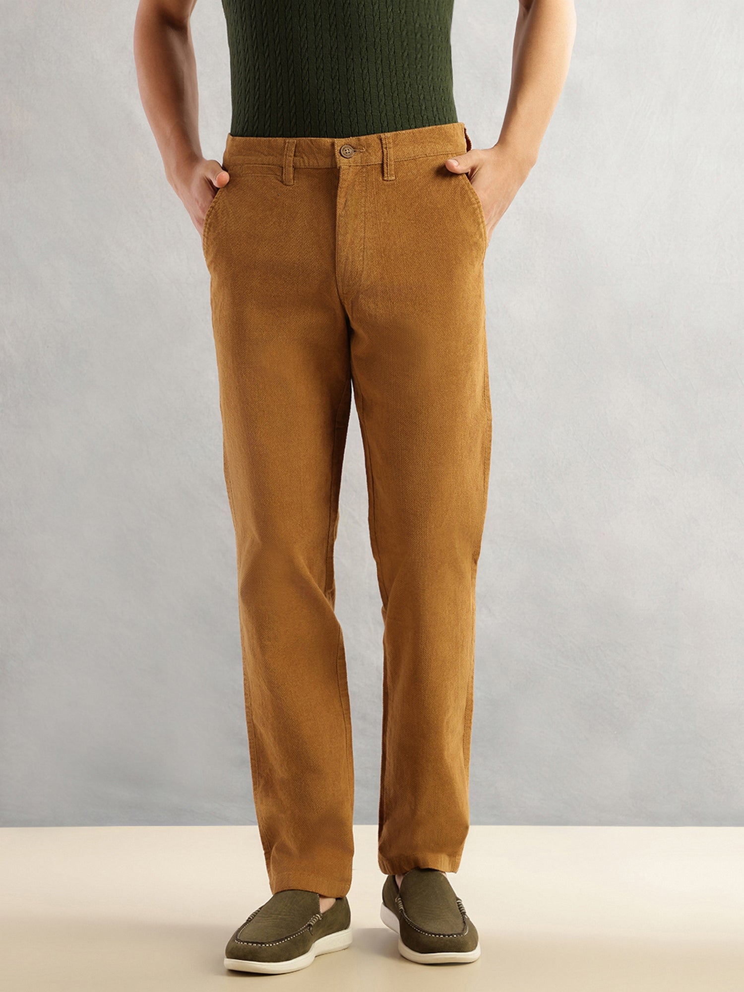 Thomas Scott Men Mustard Regular Fit Mid-Rise Self Texture Cross Corduroy Trouser