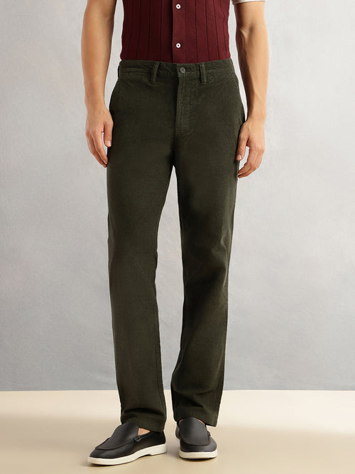 Thomas Scott Men Olive Regular Fit Mid-Rise Self Texture Cross Corduroy Trouser