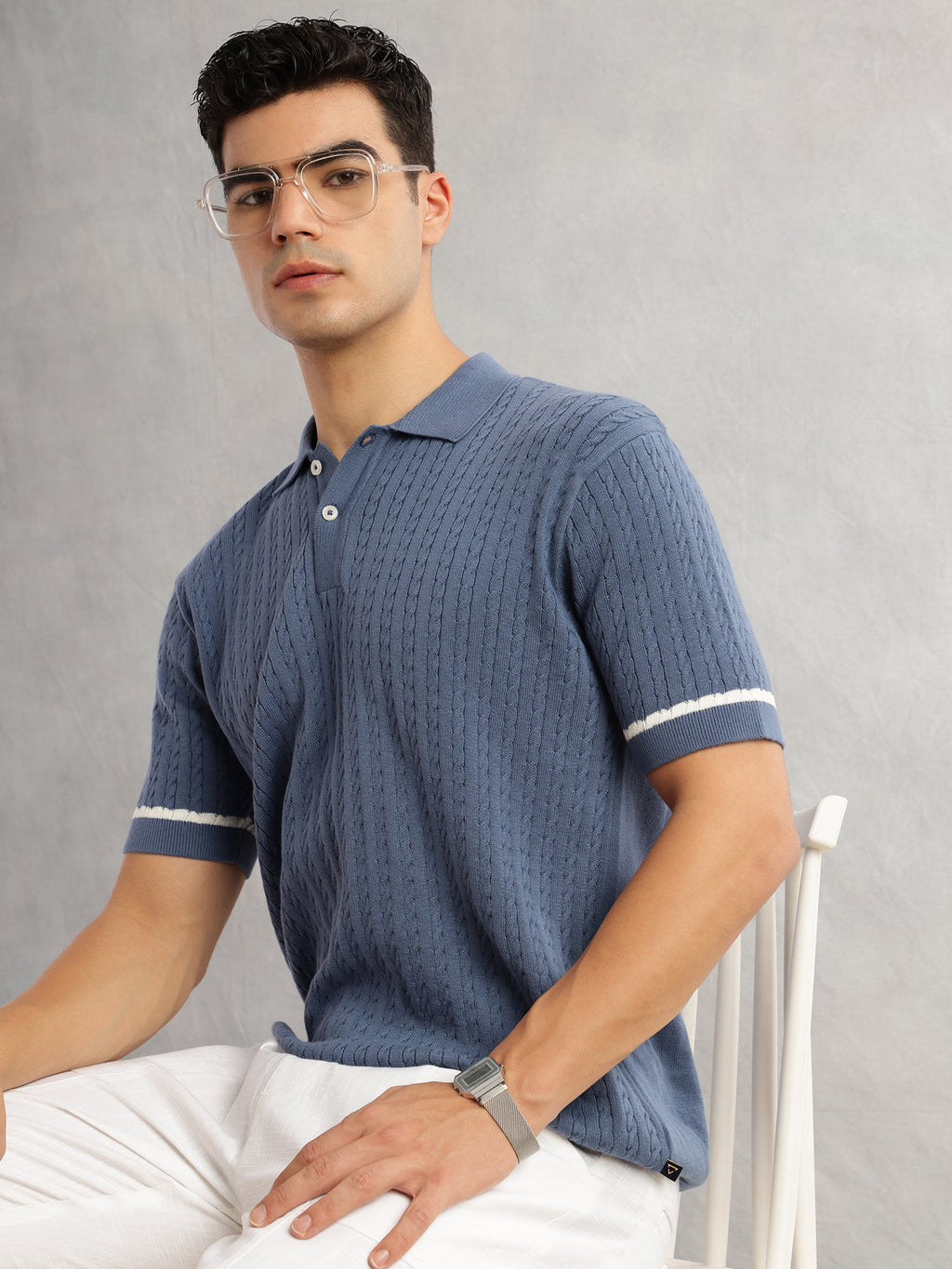 Thomas Scott Men Blue Regular Fit Short Sleeves Self Design 100% Cotton Polo Collar Knitted Tshirt