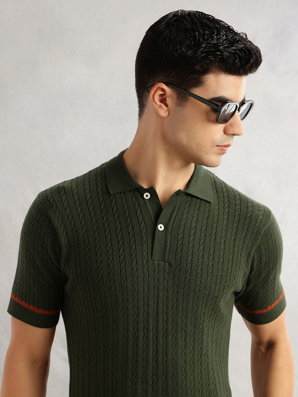 Thomas Scott Men Olive Regular Fit Short Sleeves Self Design 100% Cotton Polo Collar Knitted Tshirt