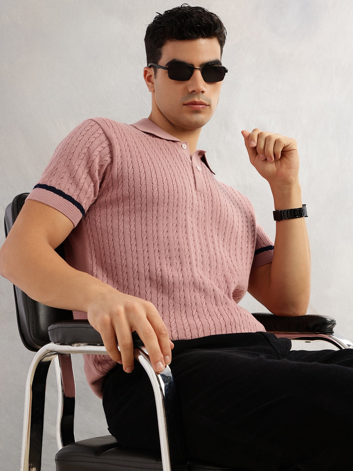 Thomas Scott Men Pink Regular Fit Short Sleeves Self Design 100% Cotton Polo Collar Knitted Tshirt