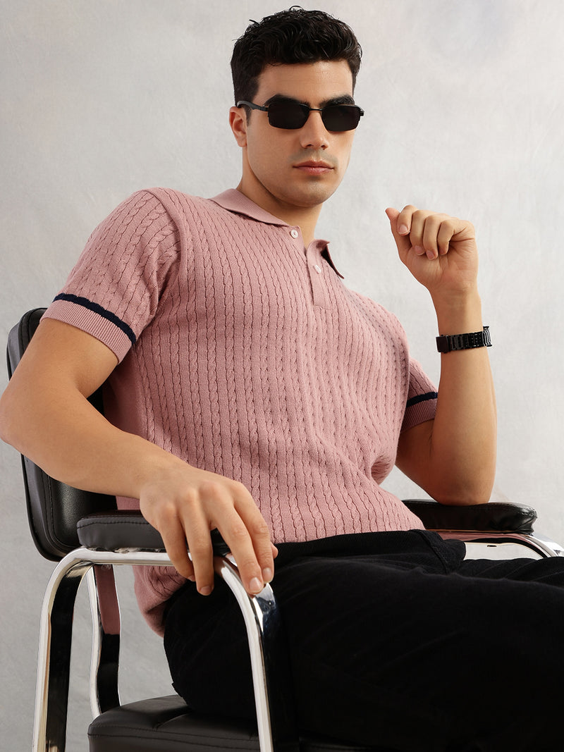 Thomas Scott Men Pink Regular Fit Short Sleeves Self Design 100% Cotton Polo Collar Knitted Tshirt