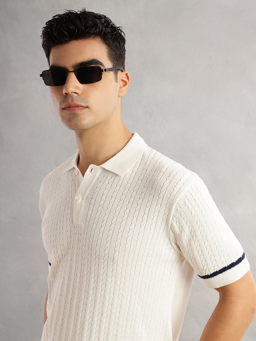 Thomas Scott Men White Regular Fit Short Sleeves Self Design 100% Cotton Polo Collar Knitted Tshirt