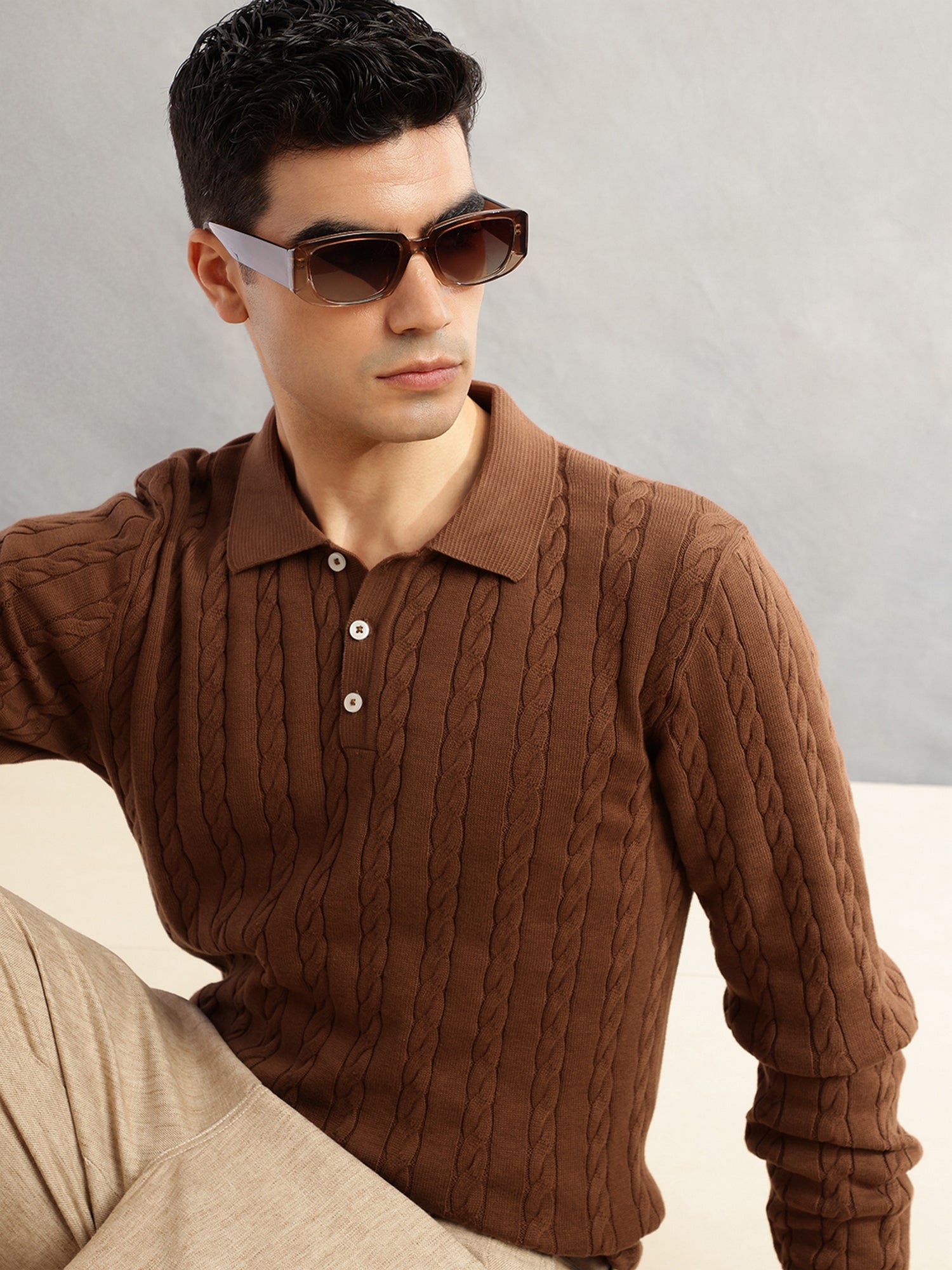 Thomas Scott Men Brown Regular Fit Long Sleeves Self Design 100% Cotton Polo Collar Knitted Tshirt