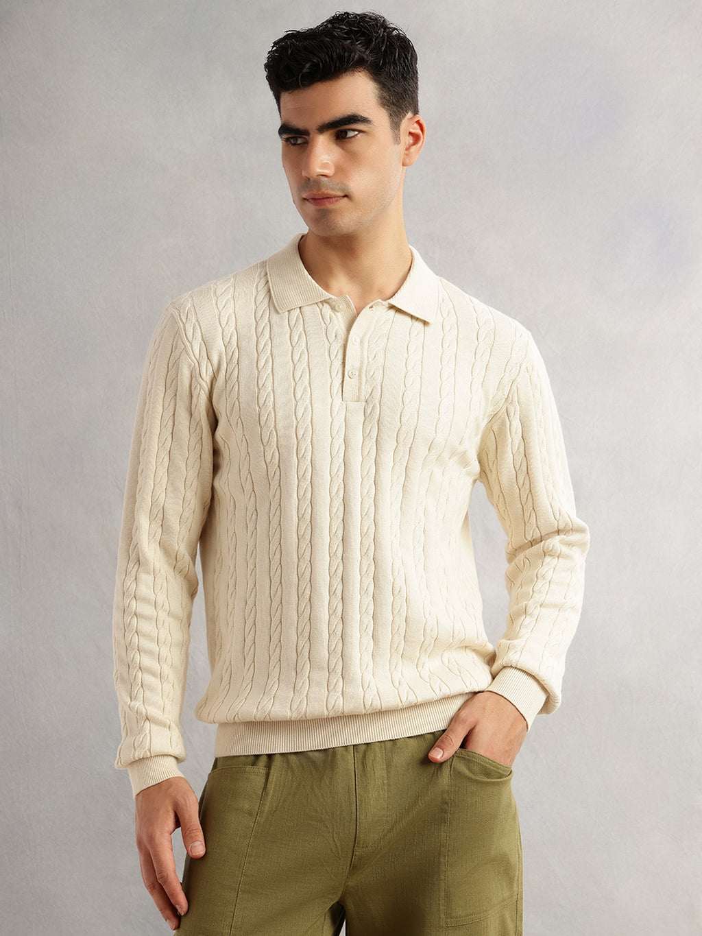 Thomas Scott Men Cream Regular Fit Long Sleeves Self Design 100% Cotton Polo Collar Knitted Tshirt