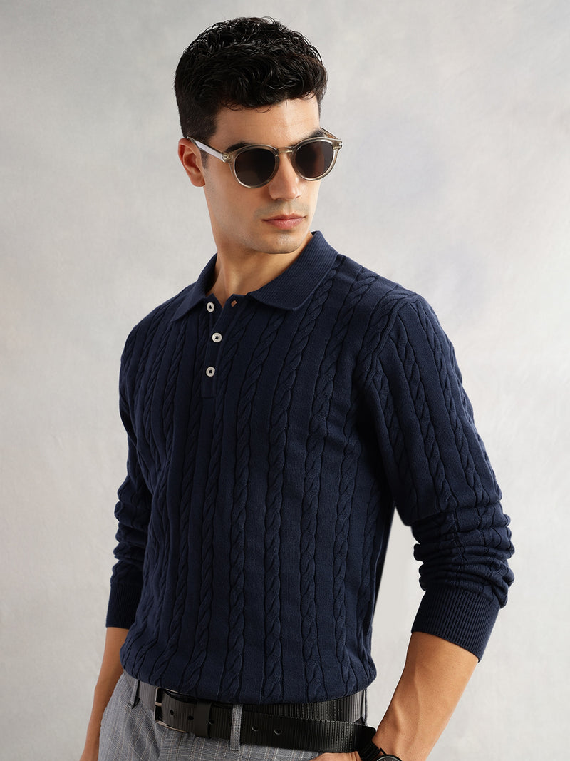 Thomas Scott Men Navy Regular Fit Long Sleeves Self Design 100% Cotton Polo Collar Knitted Tshirt