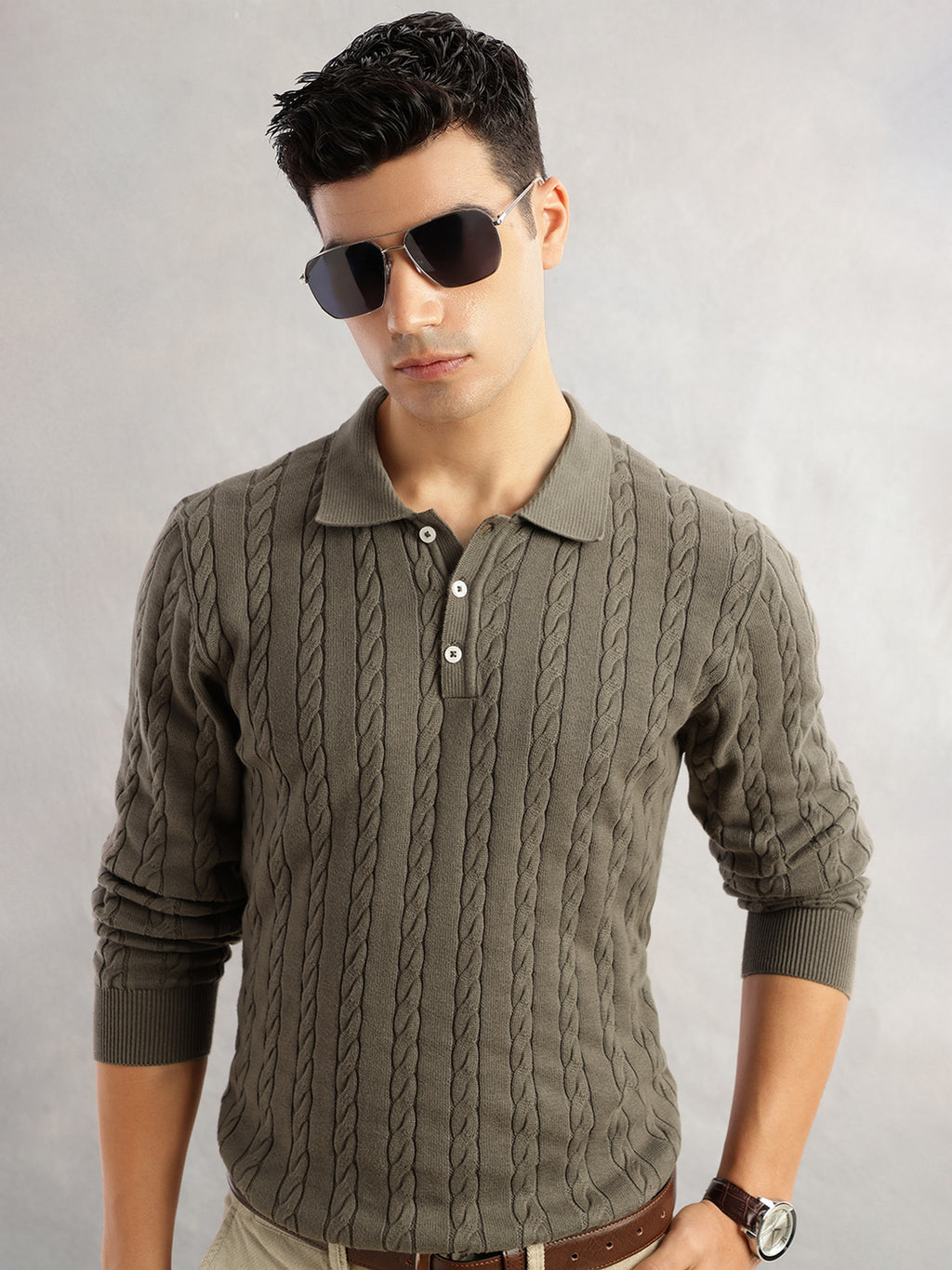 Thomas Scott Men Olive Regular Fit Long Sleeves Self Design 100% Cotton Polo Collar Knitted Tshirt