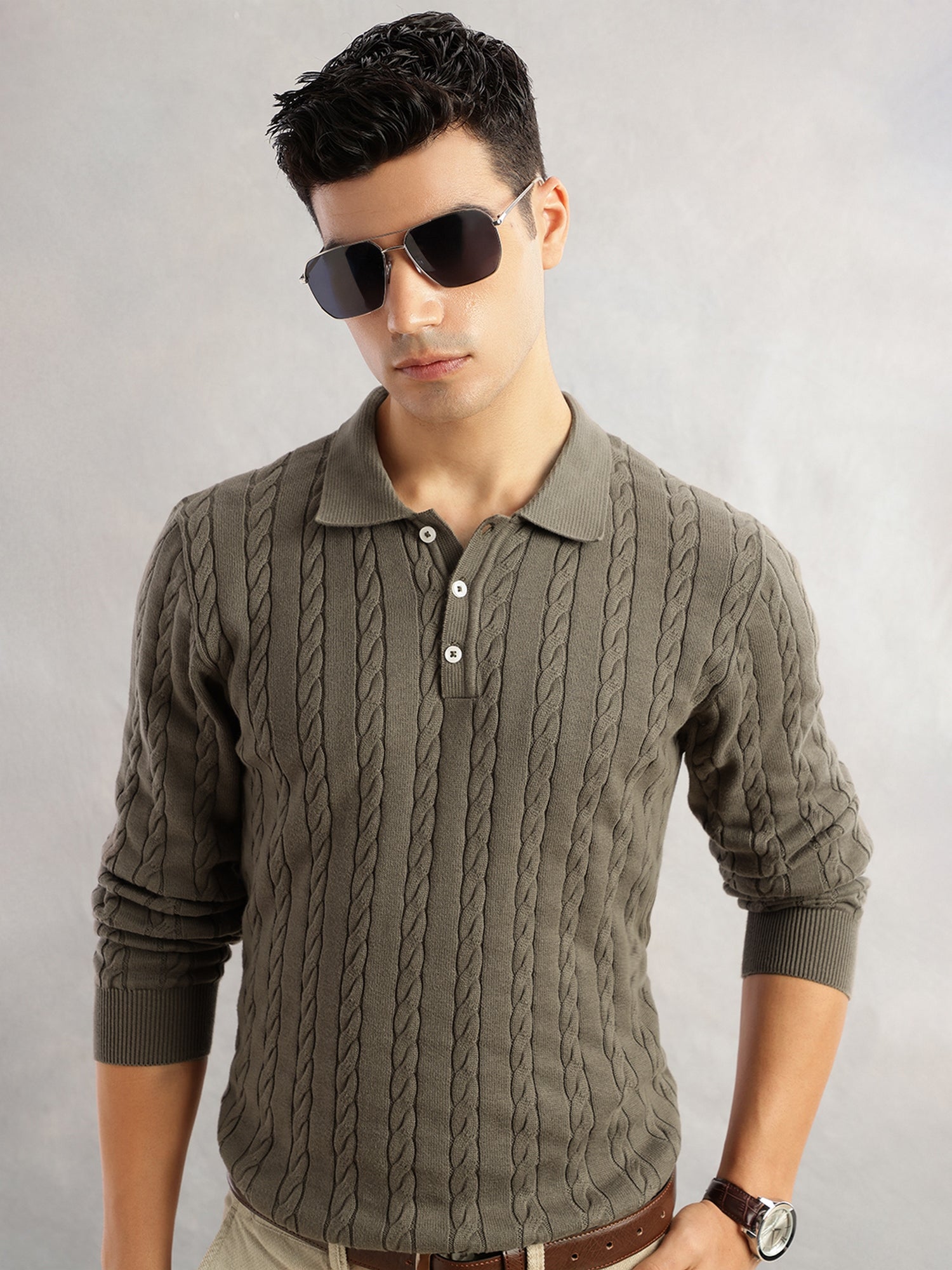 Thomas Scott Men Olive Regular Fit Long Sleeves Self Design 100% Cotton Polo Collar Knitted Tshirt