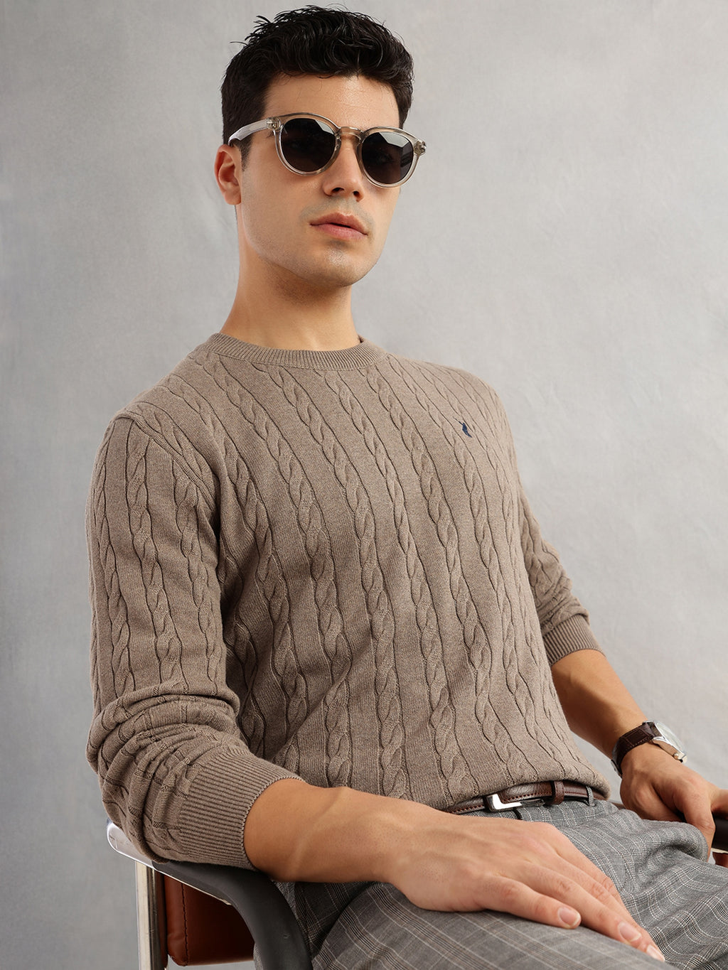 Thomas Scott Men Beige Regular Fit Long Sleeves Round Neck Self Design 100% Cotton Cable Knitted Pullover Sweater