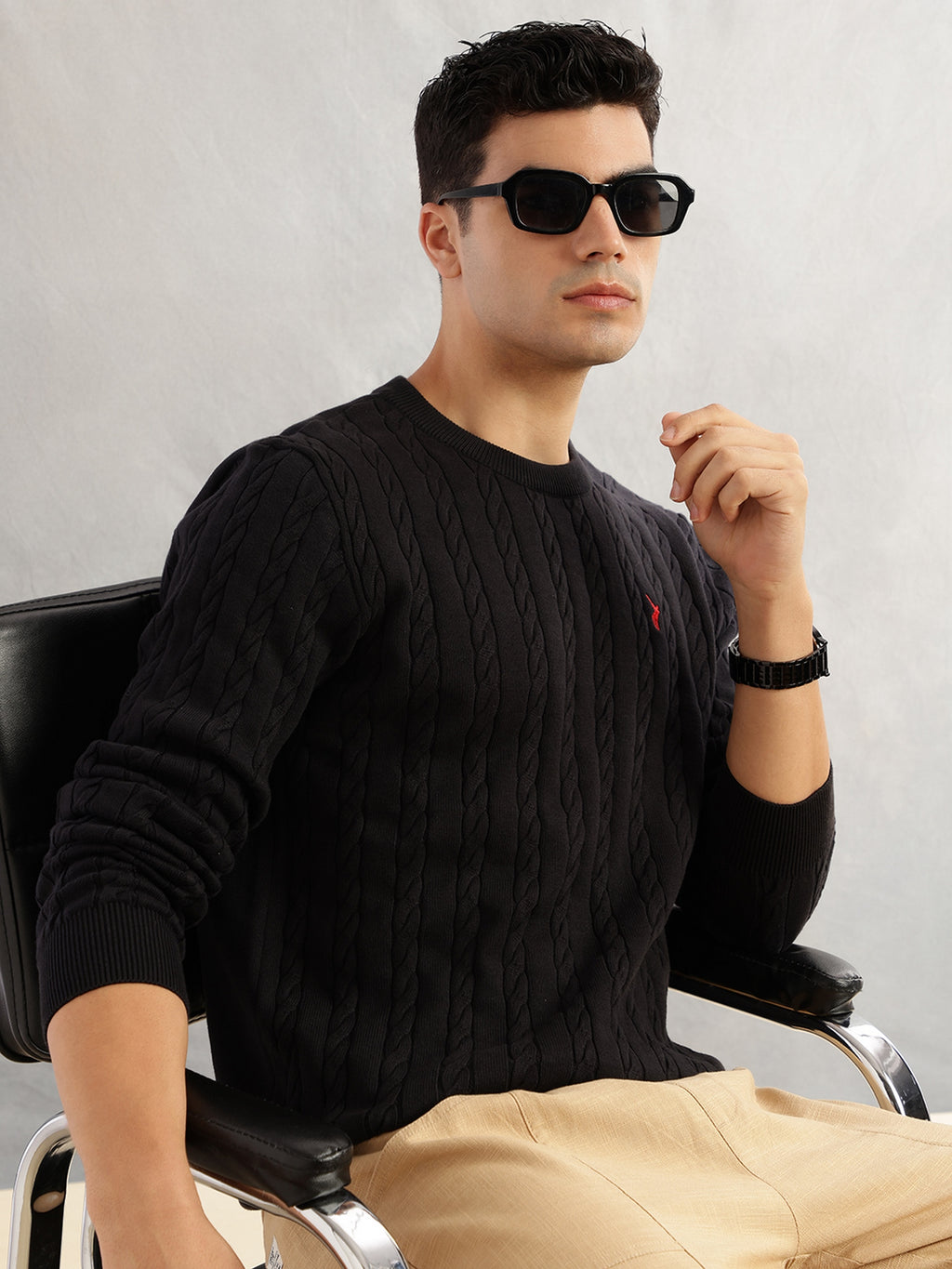 Thomas Scott Men Black Regular Fit Long Sleeves Round Neck Self Design 100% Cotton Cable Knitted Pullover Sweater