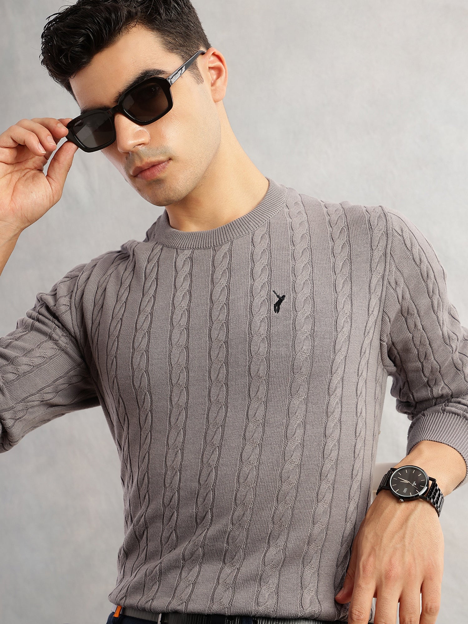 Thomas Scott Men Grey Regular Fit Long Sleeves Round Neck Self Design 100% Cotton Cable Knitted Pullover Sweater