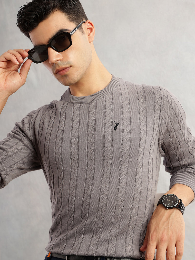 Thomas Scott Men Grey Regular Fit Long Sleeves Round Neck Self Design 100% Cotton Cable Knitted Pullover Sweater