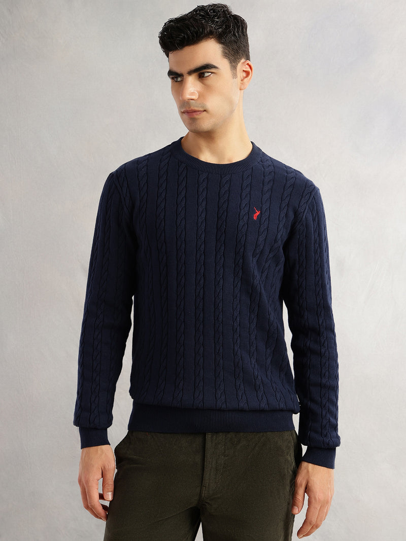 Thomas Scott Men Navy Regular Fit Long Sleeves Round Neck Self Design 100% Cotton Cable Knitted Pullover Sweater