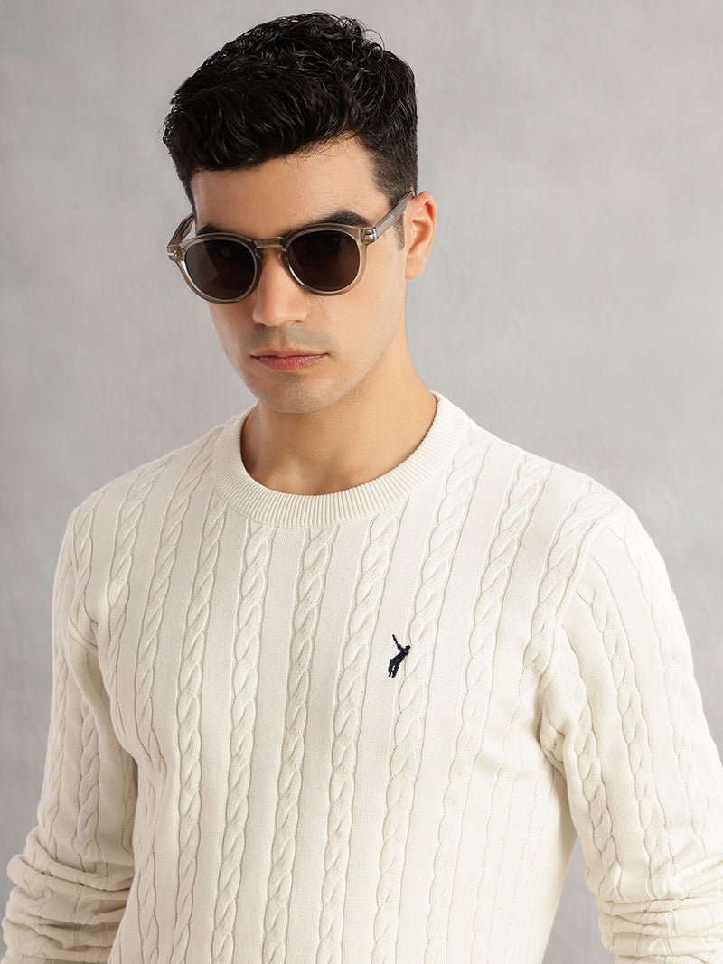 Thomas Scott Men White Regular Fit Long Sleeves Round Neck Self Design 100% Cotton Cable Knitted Pullover Sweater