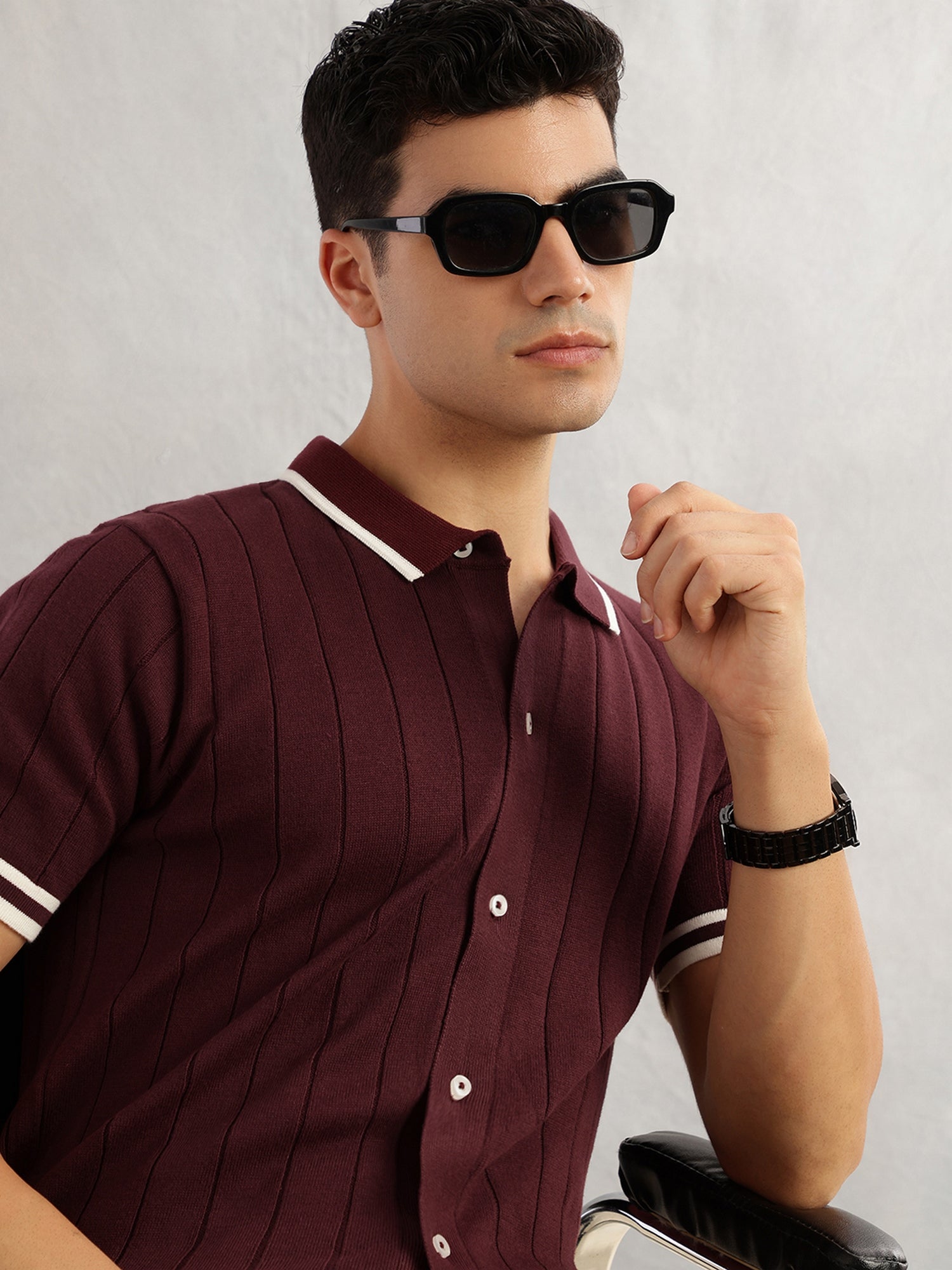 Thomas Scott Men Maroon Regular Fit Short Sleeves Striped 100% Cotton Knitted Cardigan Sweater