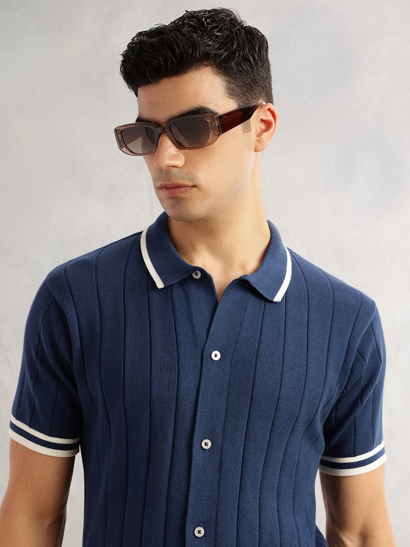 Thomas Scott Men Navy Regular Fit Short Sleeves Striped 100% Cotton Knitted Cardigan Sweater