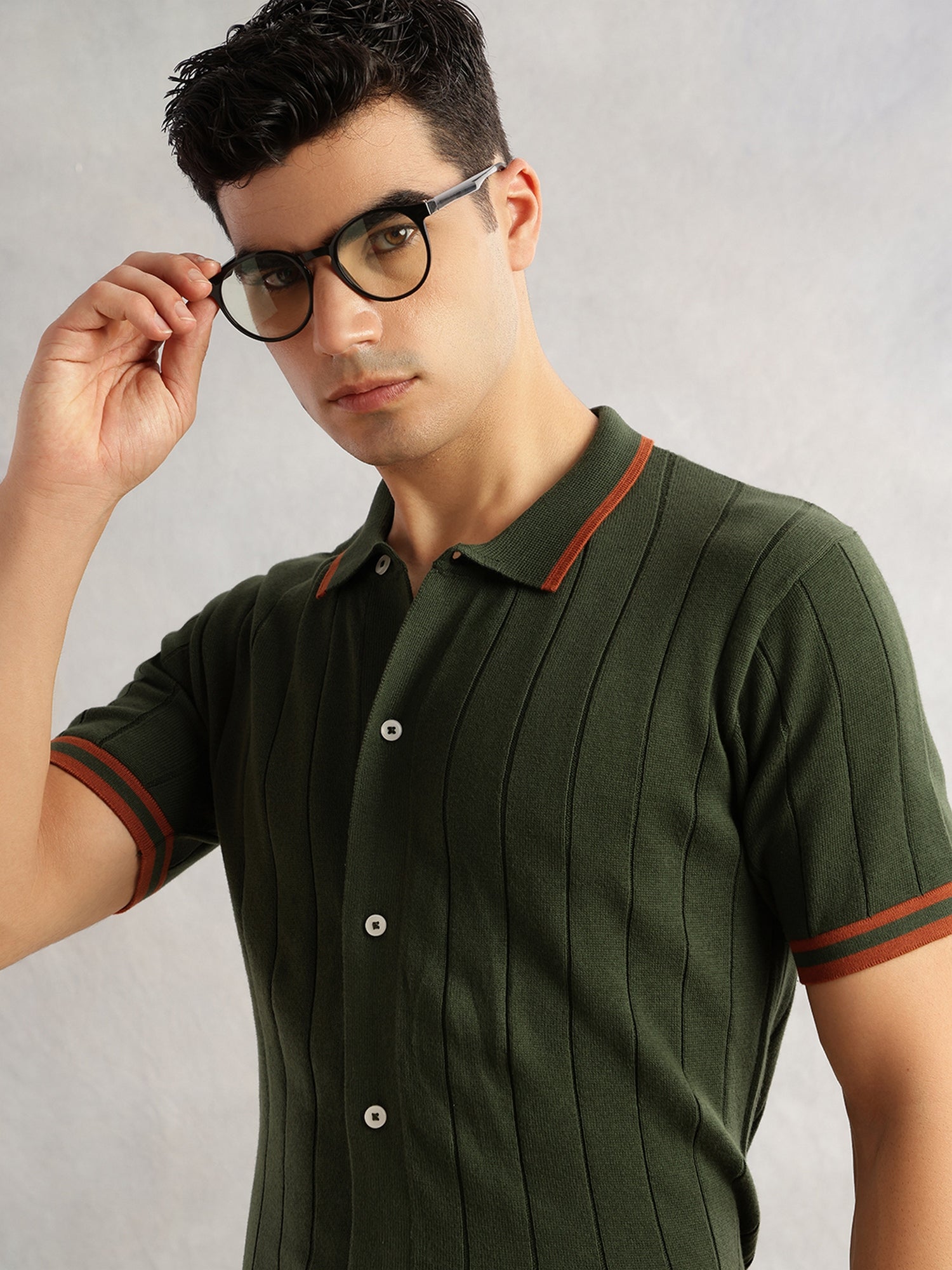 Thomas Scott Men Olive Regular Fit Short Sleeves Striped 100% Cotton Knitted Cardigan Sweater