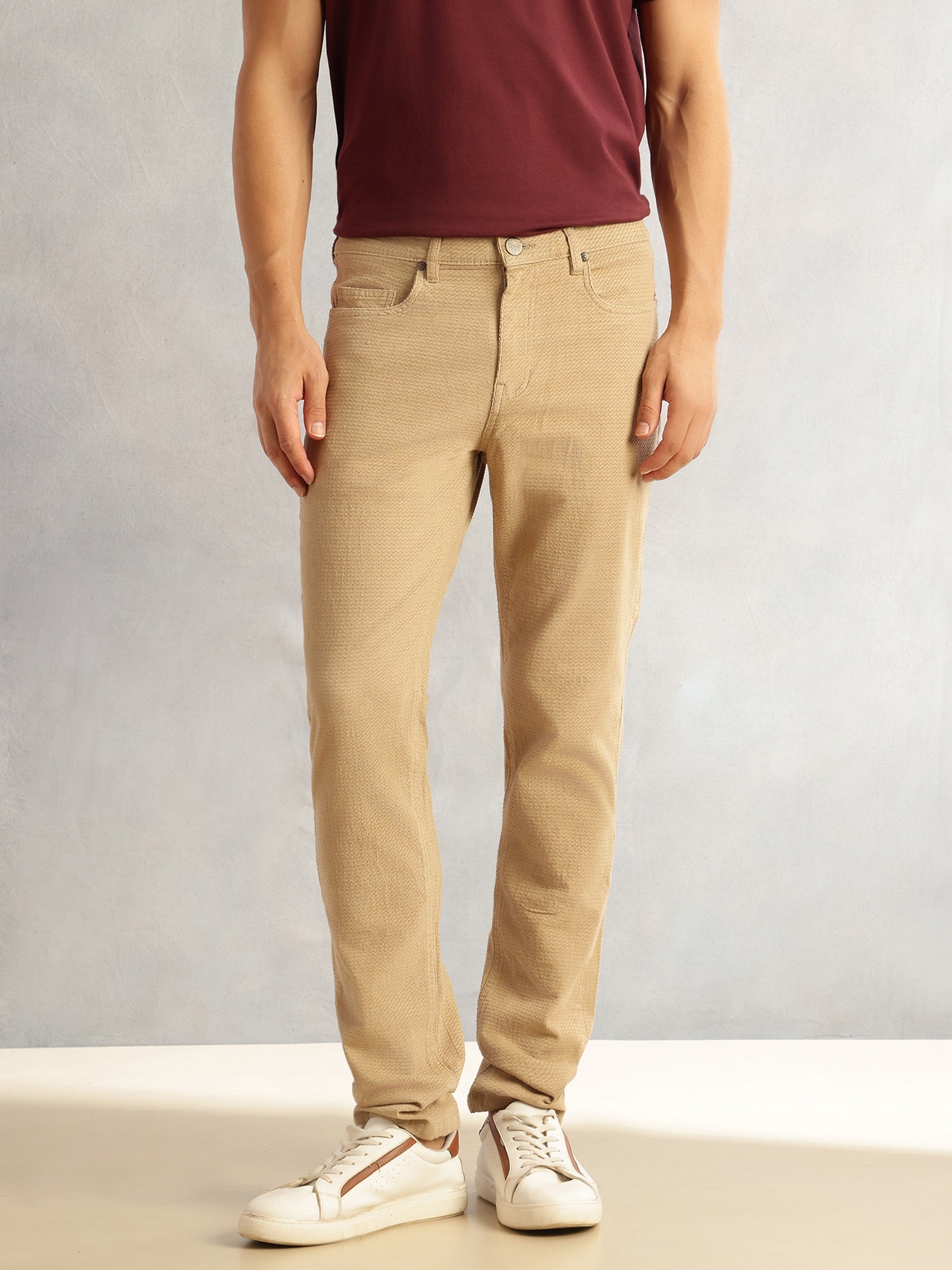Thomas Scott Men Fawn Regular Fit Mid-Rise 5 Pockets Gabbar Corduroy Chinos Trouser