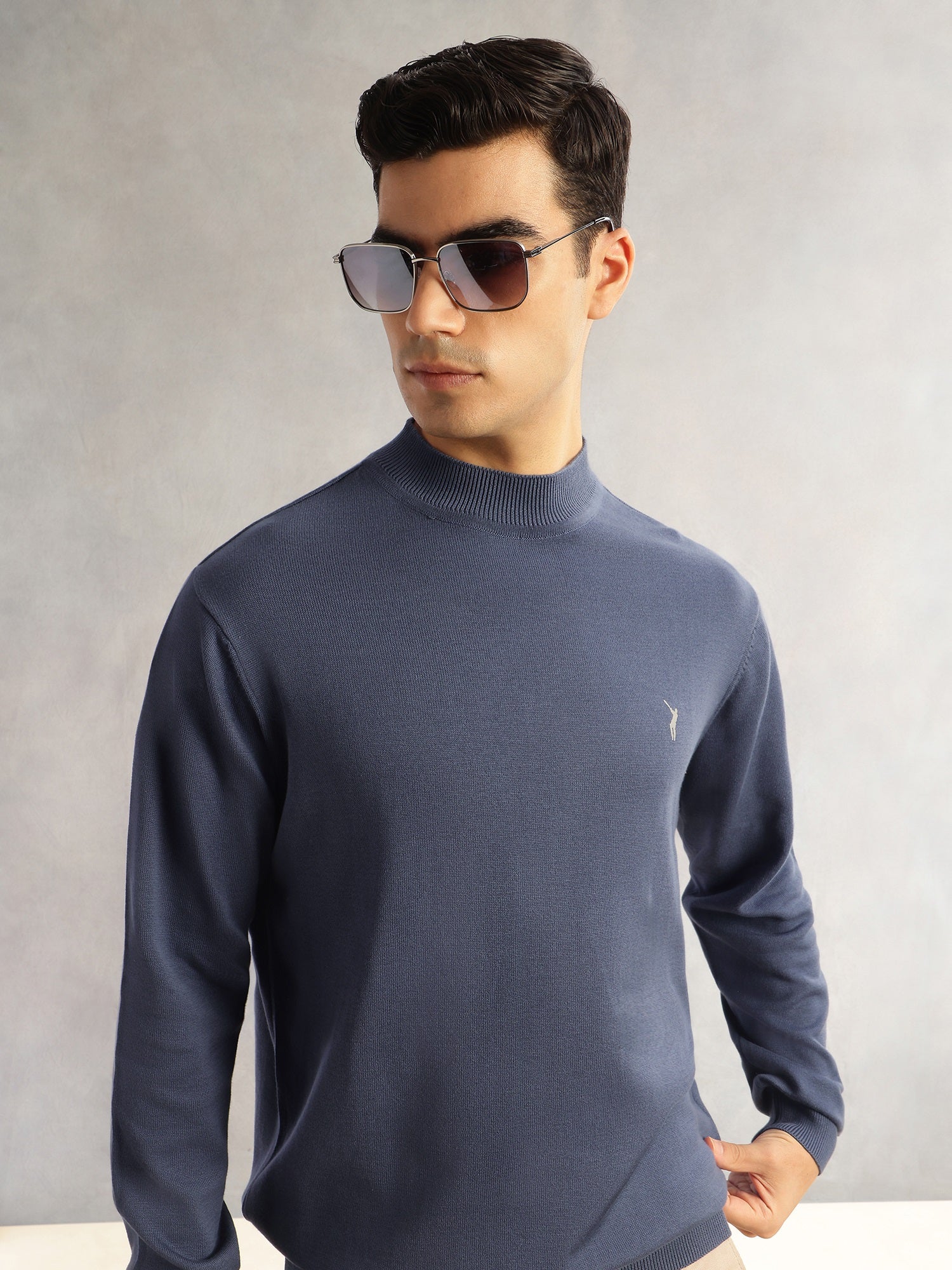 Thomas Scott Men Navy Regular Fit Long Sleeves Turtle Neck 100% Cotton Solid Knitted Pullover Sweater