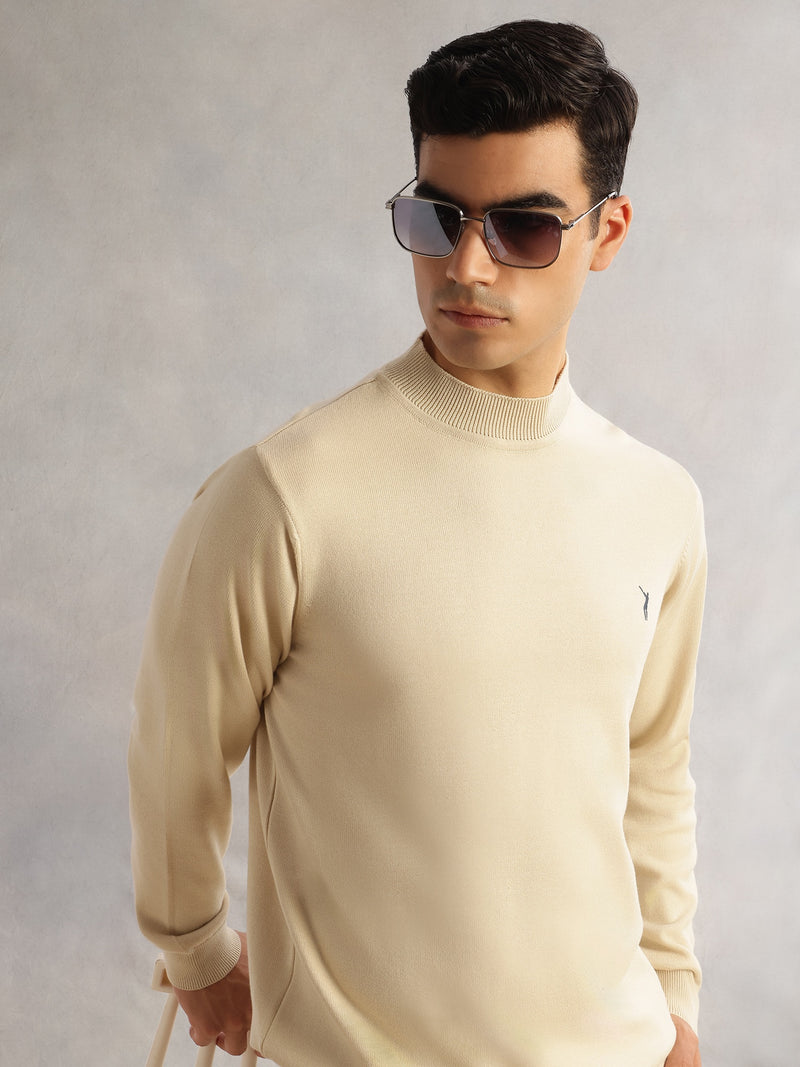 Thomas Scott Men OffWhite Regular Fit Long Sleeves Turtle Neck 100% Cotton Solid Knitted Pullover Sweater