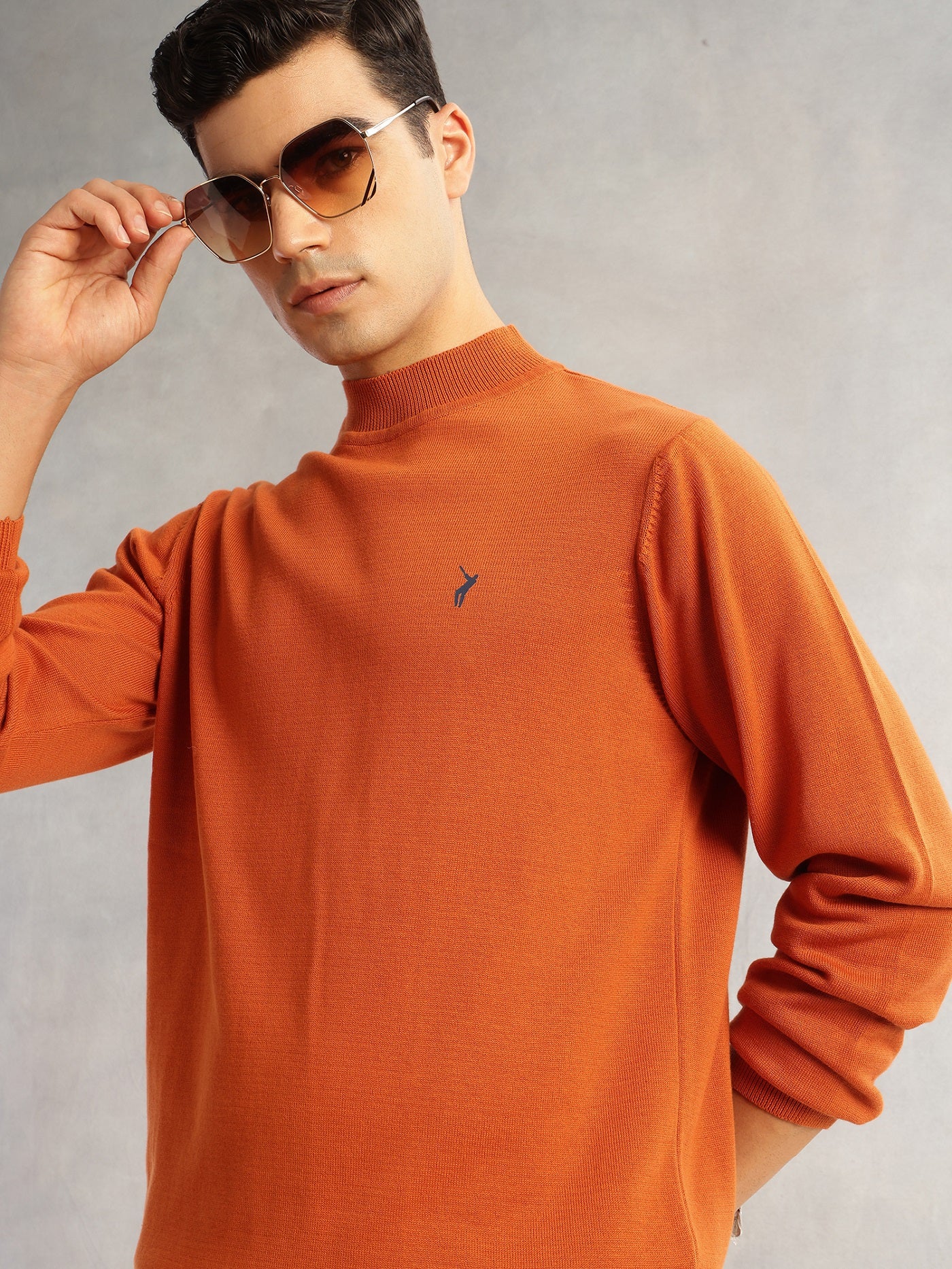 Thomas Scott Men Rust Regular Fit Long Sleeves Turtle Neck 100% Cotton Solid Knitted Pullover Sweater