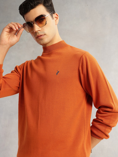 Thomas Scott Men Rust Regular Fit Long Sleeves Turtle Neck 100% Cotton Solid Knitted Pullover Sweater
