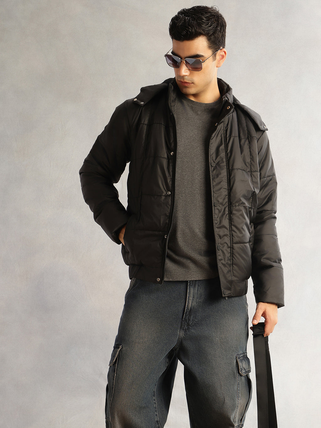 Thomas Scott Men Black Regular Fit Long Sleeves 2 Pockets Polyester Knitted Hooded Puffer Jacket