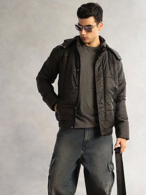 Thomas Scott Men Black Regular Fit Long Sleeves 2 Pockets Polyester Knitted Hooded Puffer Jacket