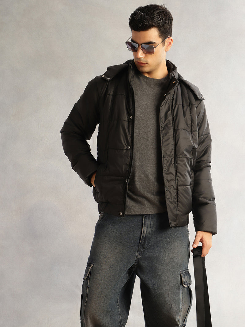 Thomas Scott Men Black Regular Fit Long Sleeves 2 Pockets Polyester Knitted Hooded Puffer Jacket