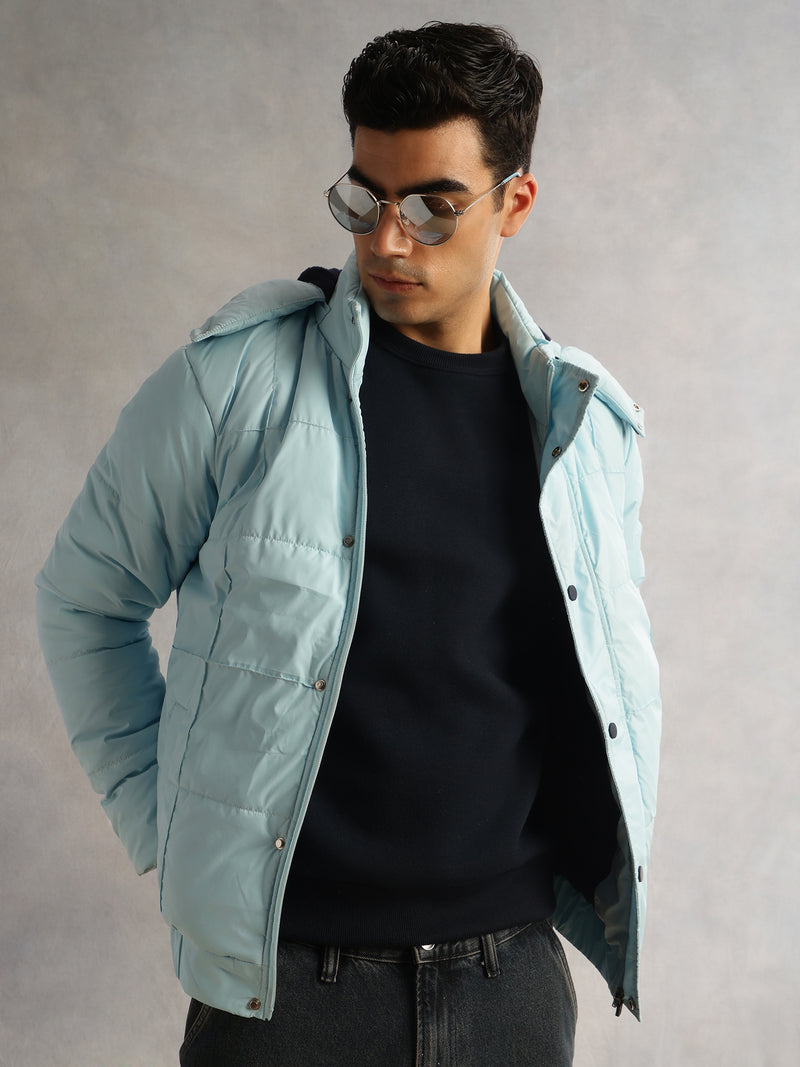 Thomas Scott Men SkyBlue Regular Fit Long Sleeves 2 Pockets Polyester Knitted Hooded Puffer Jacket