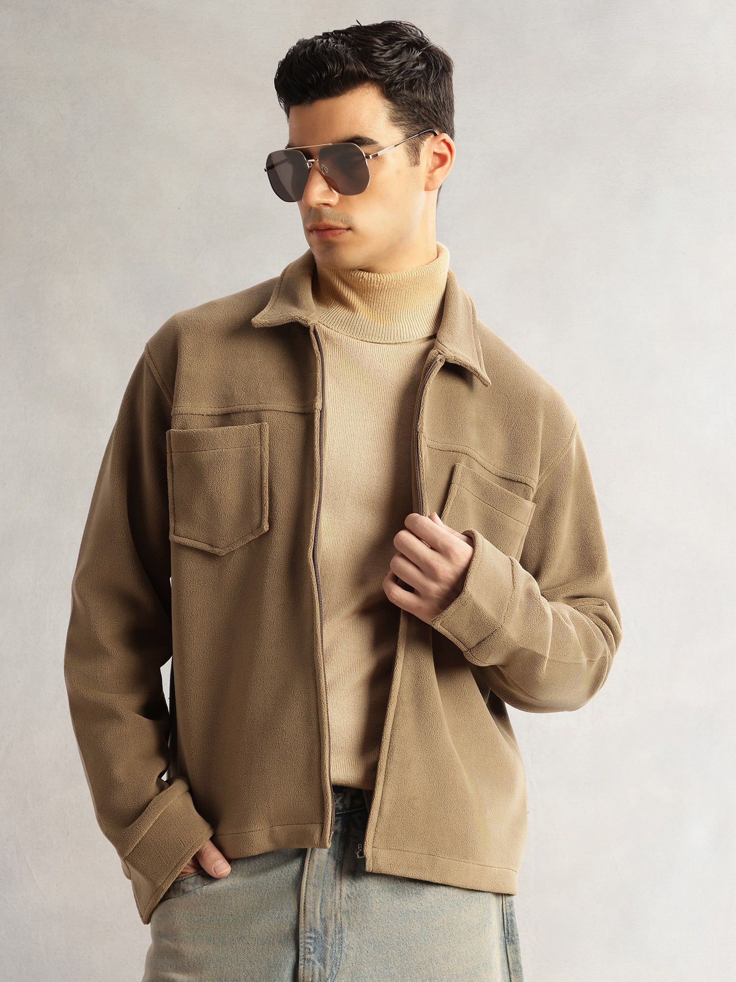 Thomas Scott Men Beige Regular Fit Long Sleeves Solid Polyester Knitted Open-Front Jacket