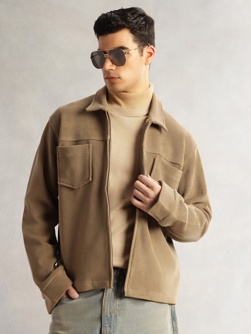 Thomas Scott Men Beige Regular Fit Long Sleeves Solid Polyester Knitted Open-Front Jacket