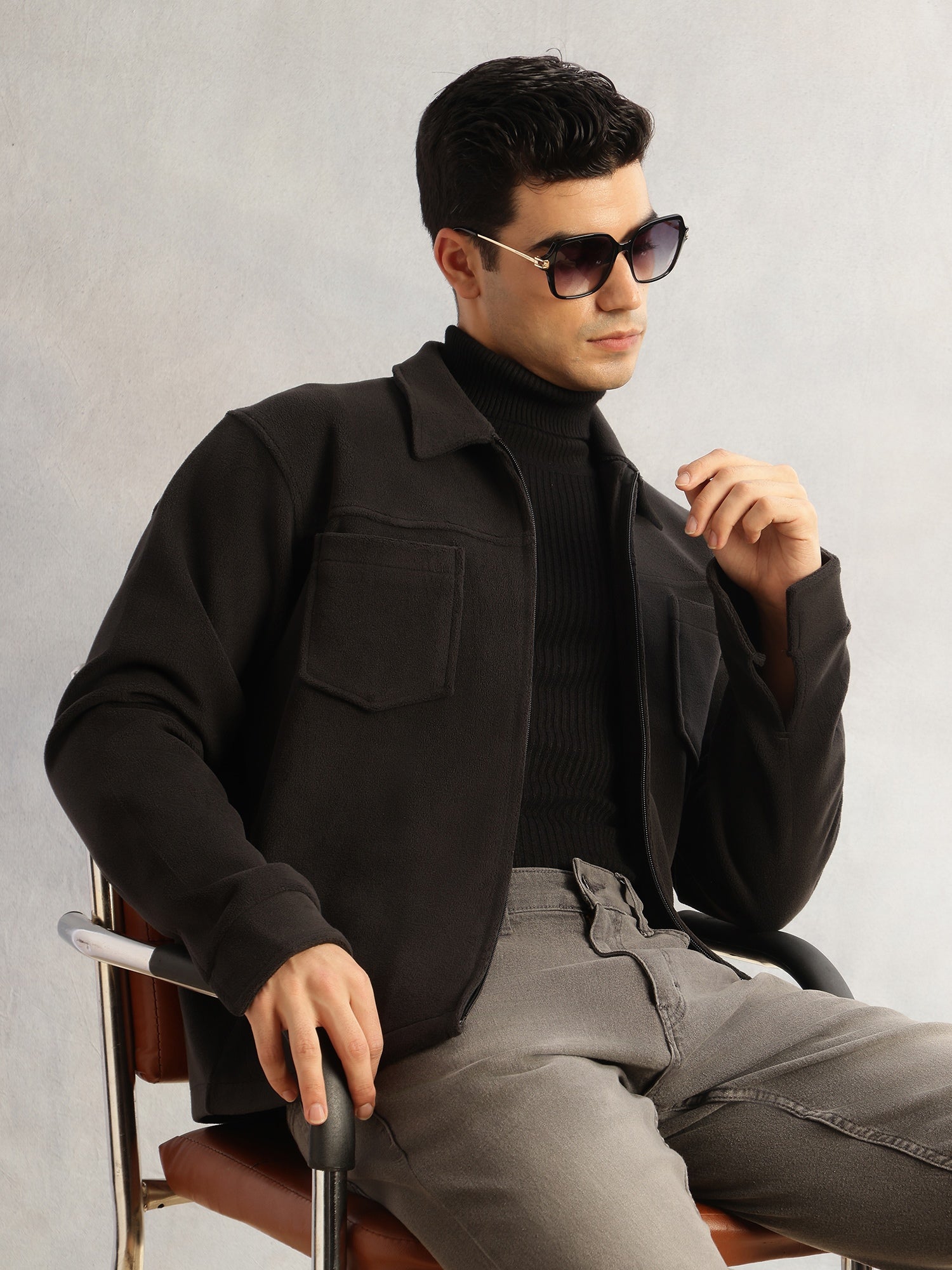 Thomas Scott Men Black Regular Fit Long Sleeves Self Design Polyester Knitted Open-Front Jacket