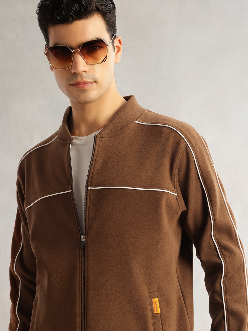 Thomas Scott Men Brown Regular Fit Long Sleeves Mandarin Collar Self Design Dry Clean Polyester Knitted Open-Front Jacket