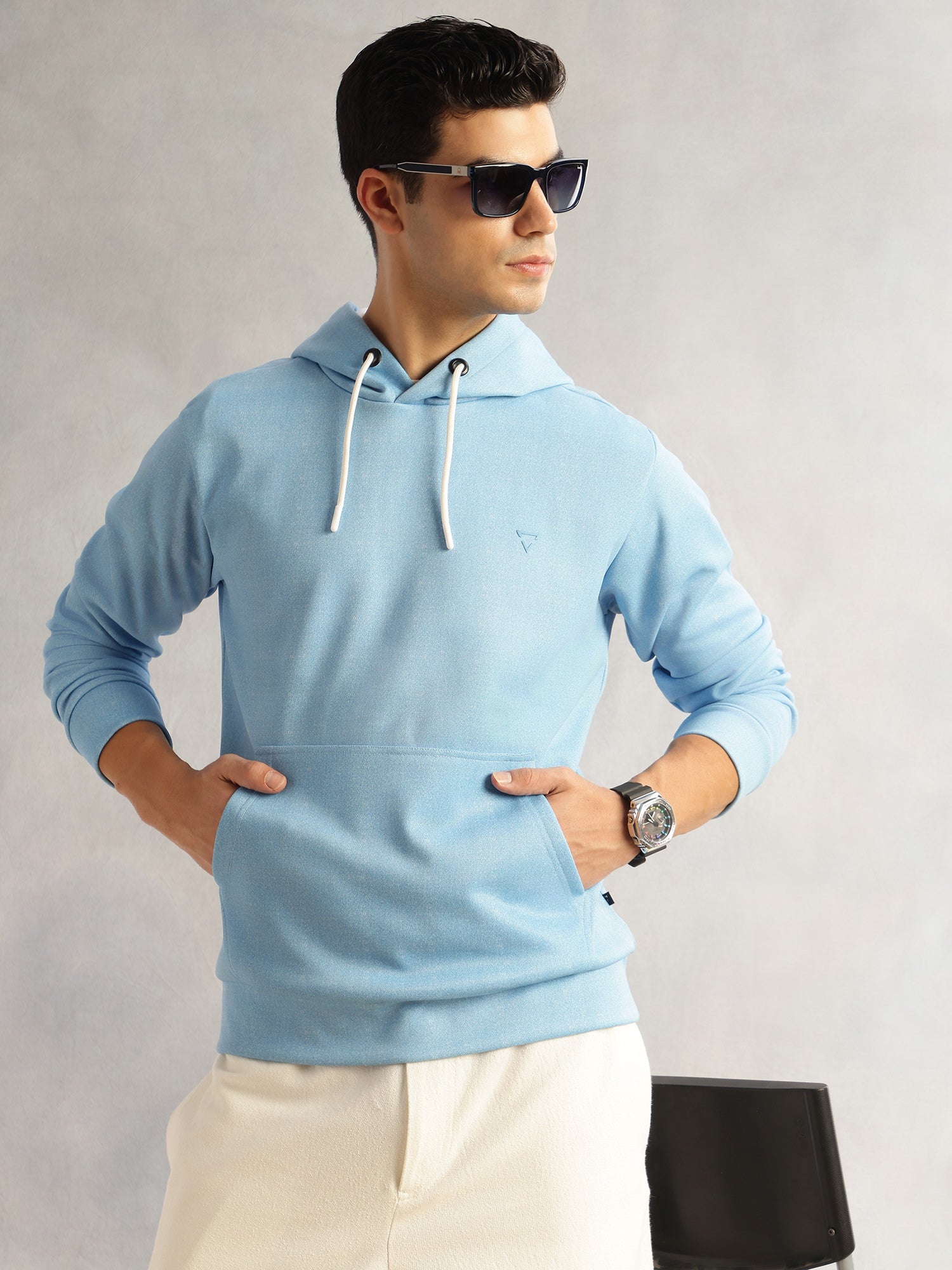 Thomas Scott Men Blue Regular Fit Long Sleeves Solid Polyester Knitted Pullover Hooded Sweatshirt