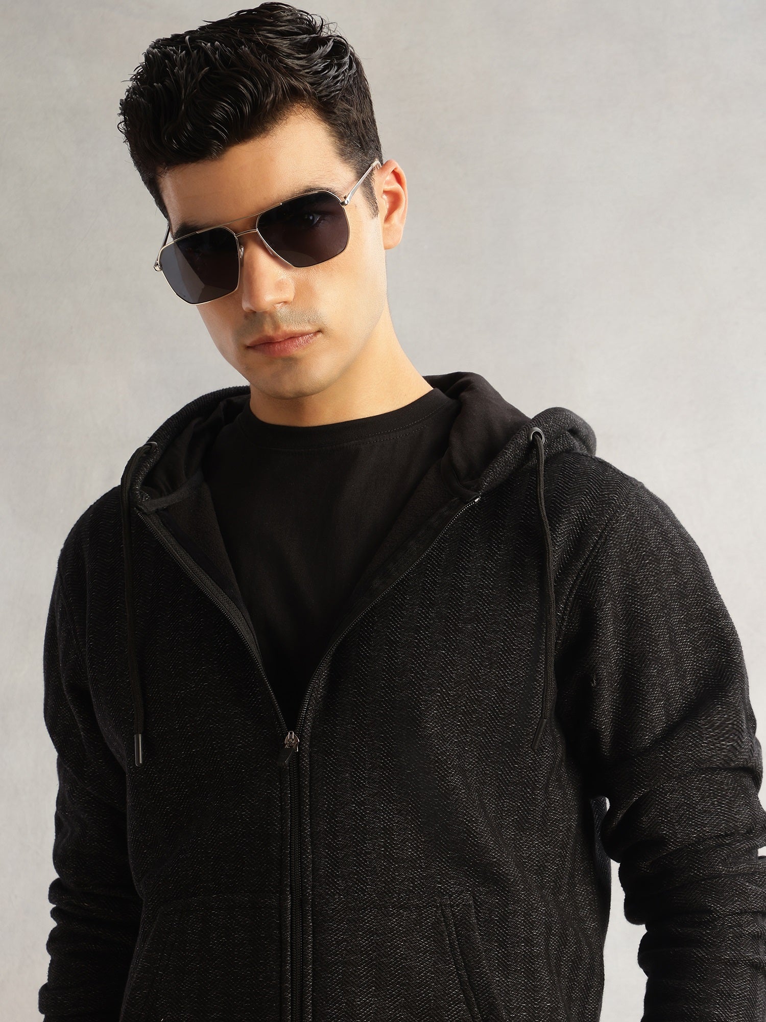 Thomas Scott Men Black Regular Fit Long Sleeves 2 Pockets Front-Open Knitted Hooded Sweatshirt