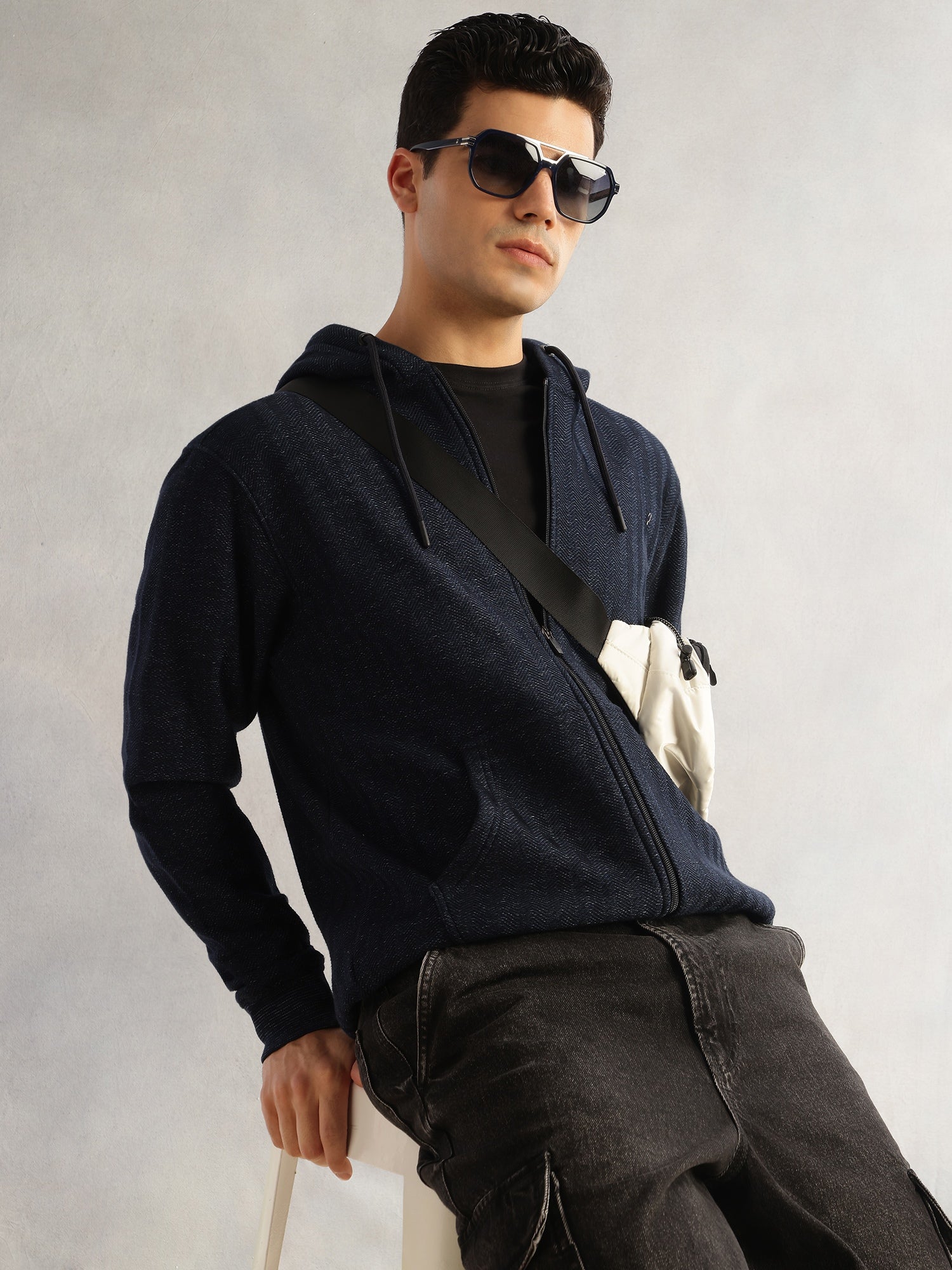 Thomas Scott Men Navy Regular Fit Long Sleeves 2 Pockets Front-Open Knitted Hooded Sweatshirt
